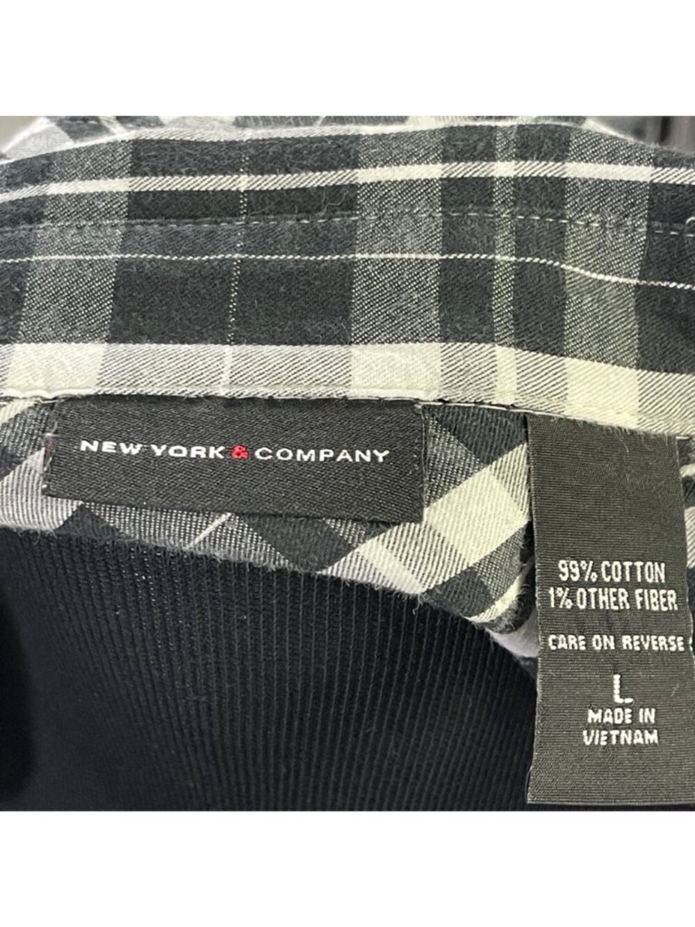 New York & Company Womens Plaid Button-Up Black/White L Cotton Ruffle Accent - Picture 5 of 5